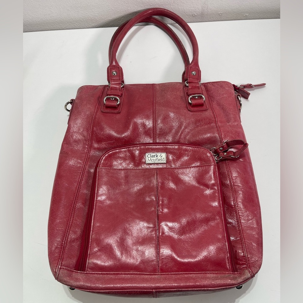 Clark & Mayfield Red Leather Laptop Tote Shoulder Bag Office School Organizer